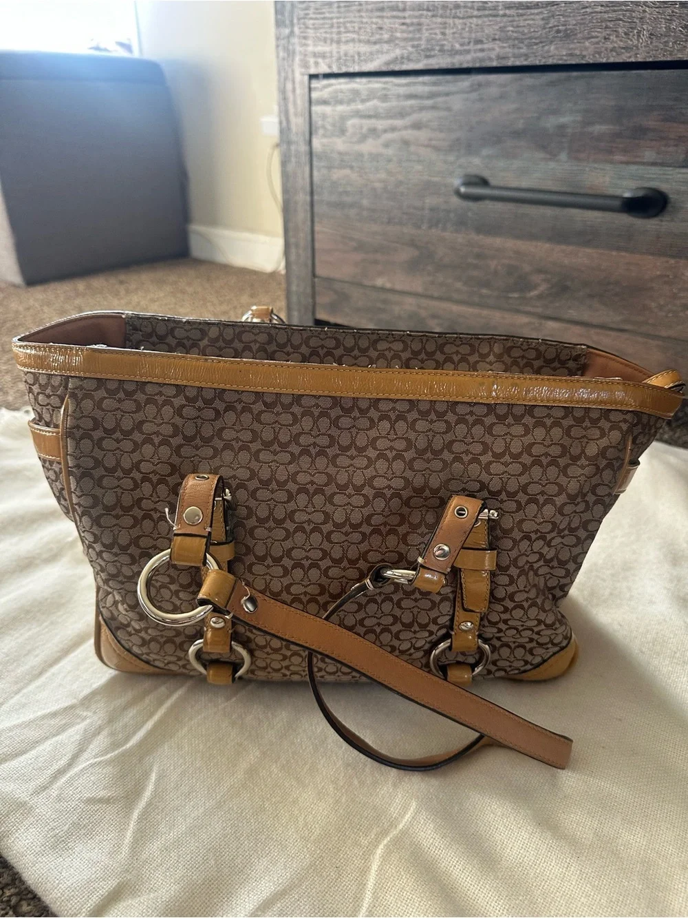 Coach Brown Signature Canvas Tote with Tan Leather Trim